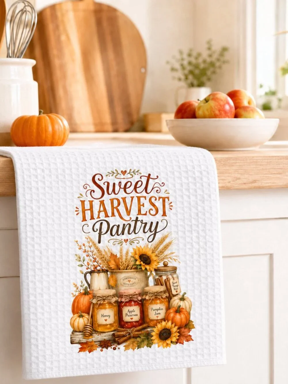 Sweet Harvest Pantry Fall Kitchen Towel, Pumpkin Sunflower Dish Towel